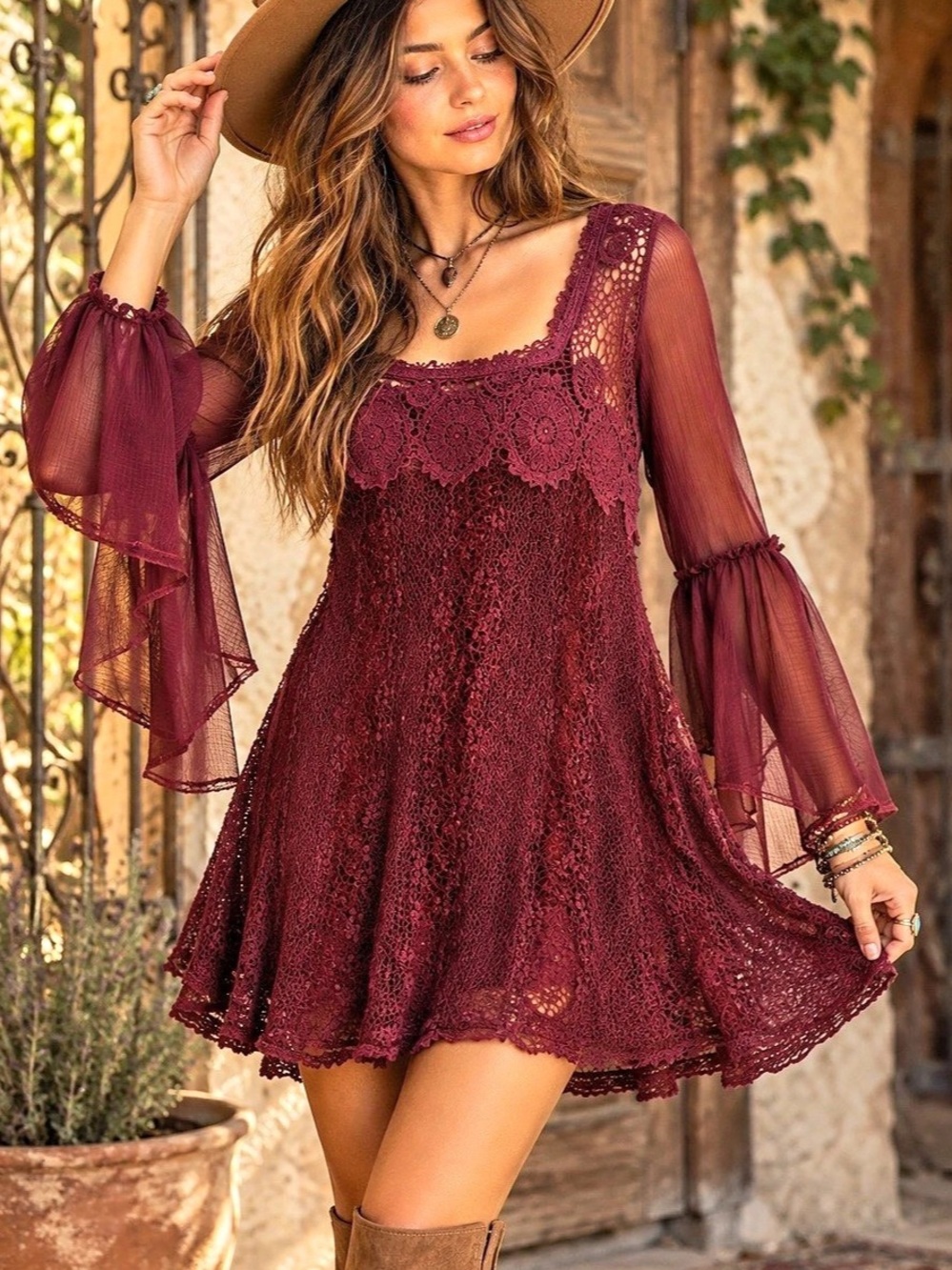 Free People Aurora Burgundy Crochet Bell Sleeve Boho Whimsy Tunic Mini Dress